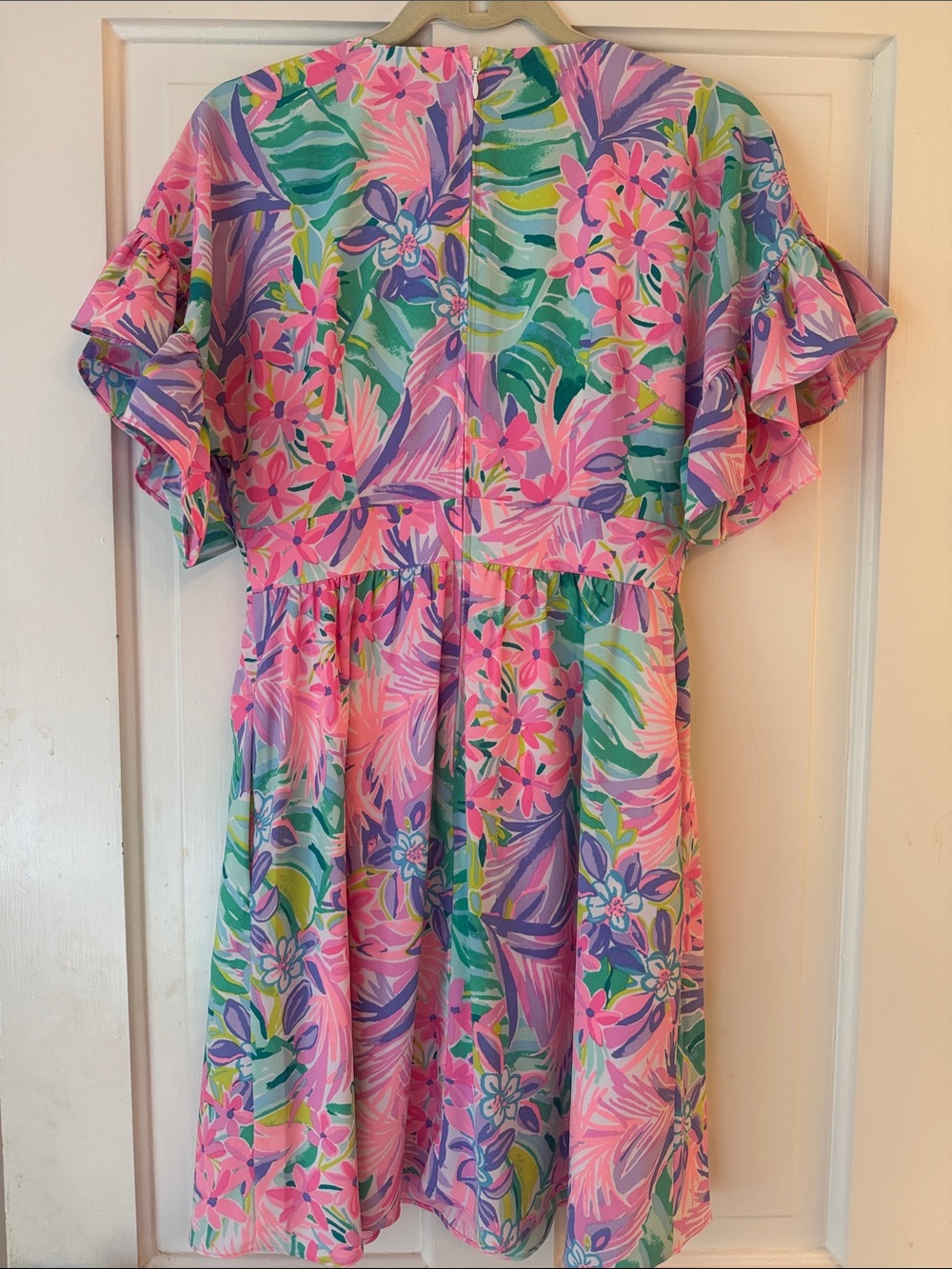 Lilly Pulitzer Pink Tropical Floral V-Neck Flutter Sleeve Dress - Picture 4 of 5